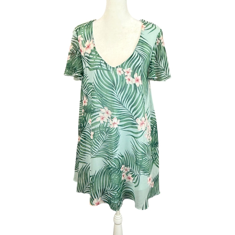 Show Me Your Mumu Mini Dress Womens Small Mint Green Tropical Palm Floral V-Neck